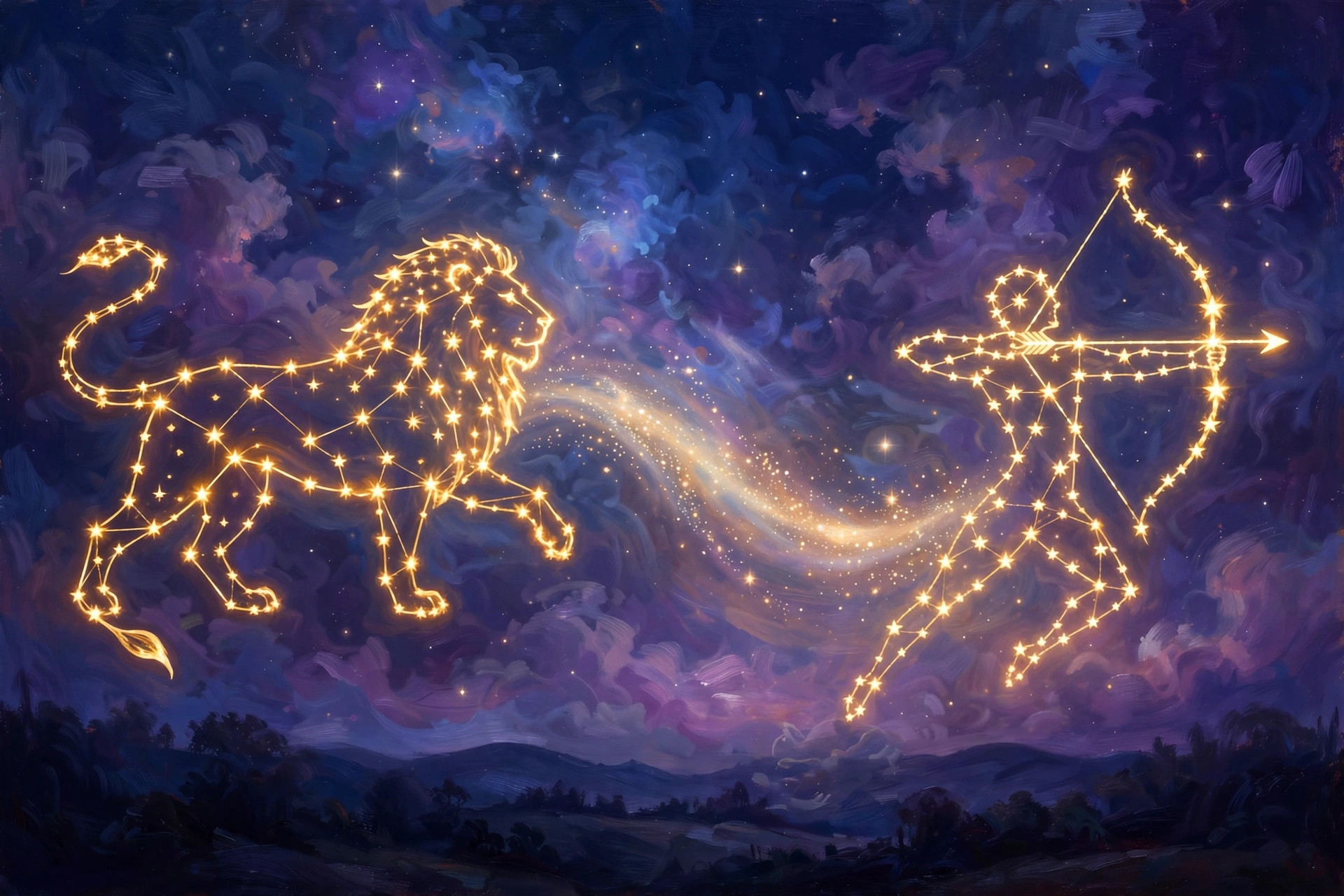 The Leo and Sagittarius constellations glowing in gold in a deep navy night sky, joined by a soft trail of light.