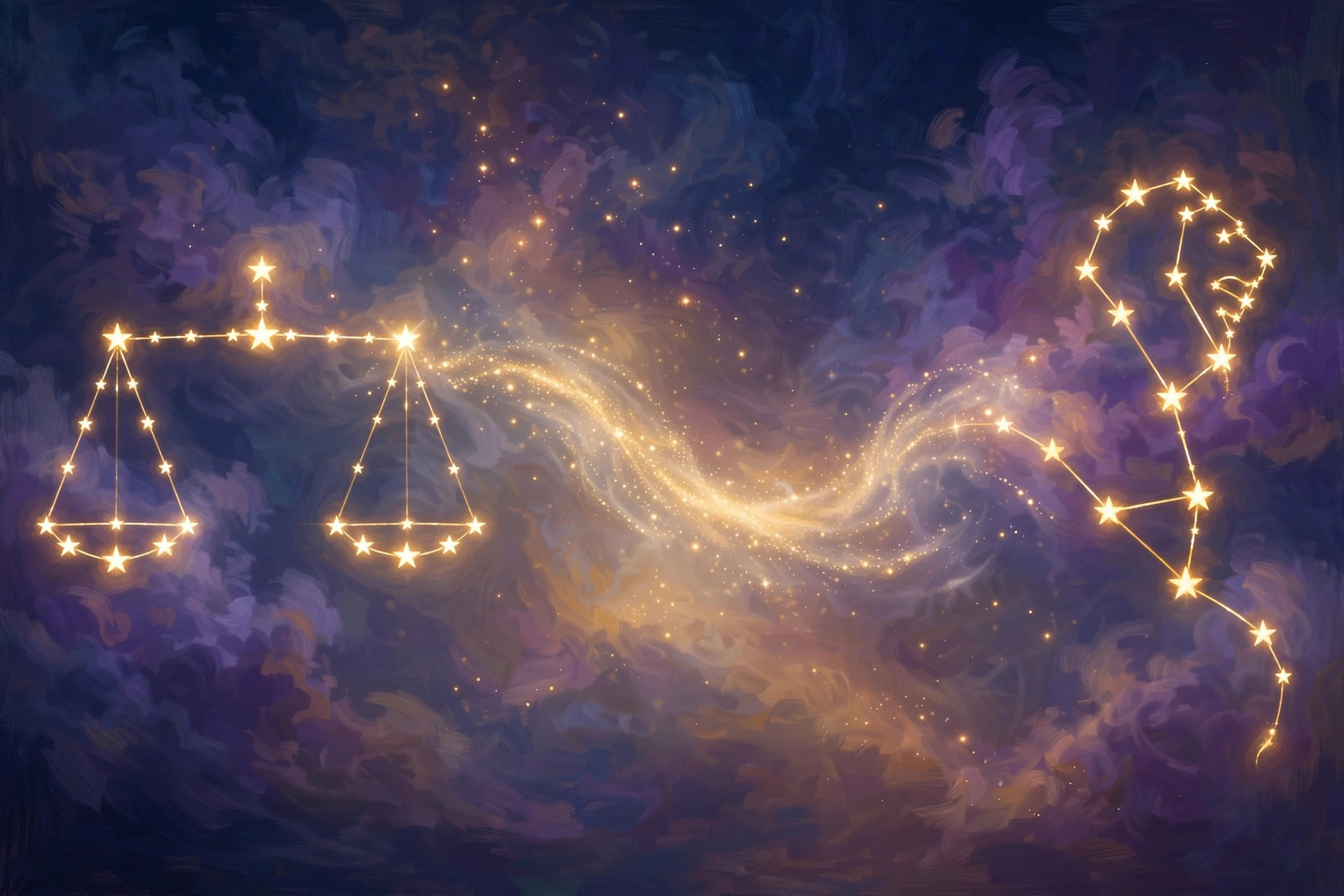 The Libra Scales and the Leo Lion as gold constellations in a deep navy night sky, linked by a soft trail of light.