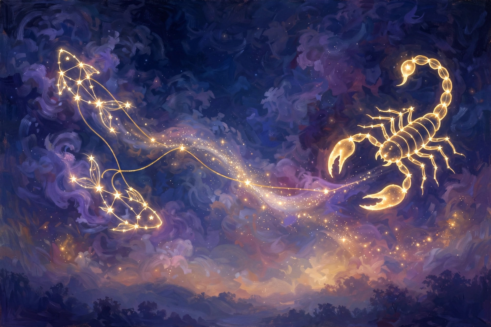 The Pisces and Scorpio constellations glowing in gold over a deep navy night sky, linked by a soft trail of light.