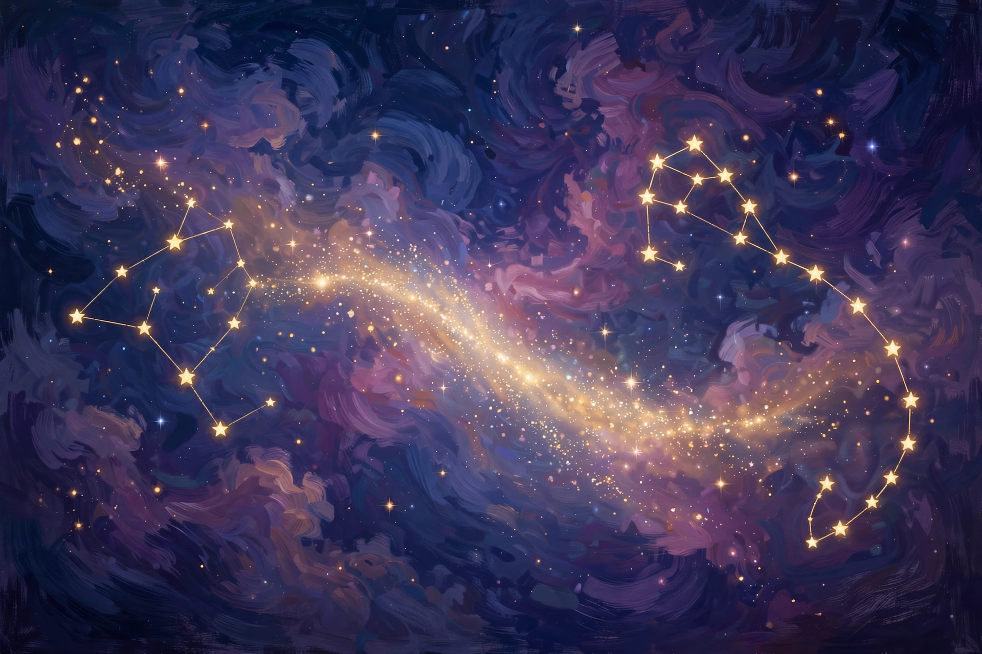 Scorpio and Cancer constellations glowing in gold in a deep navy night sky, linked by a soft trail of light.