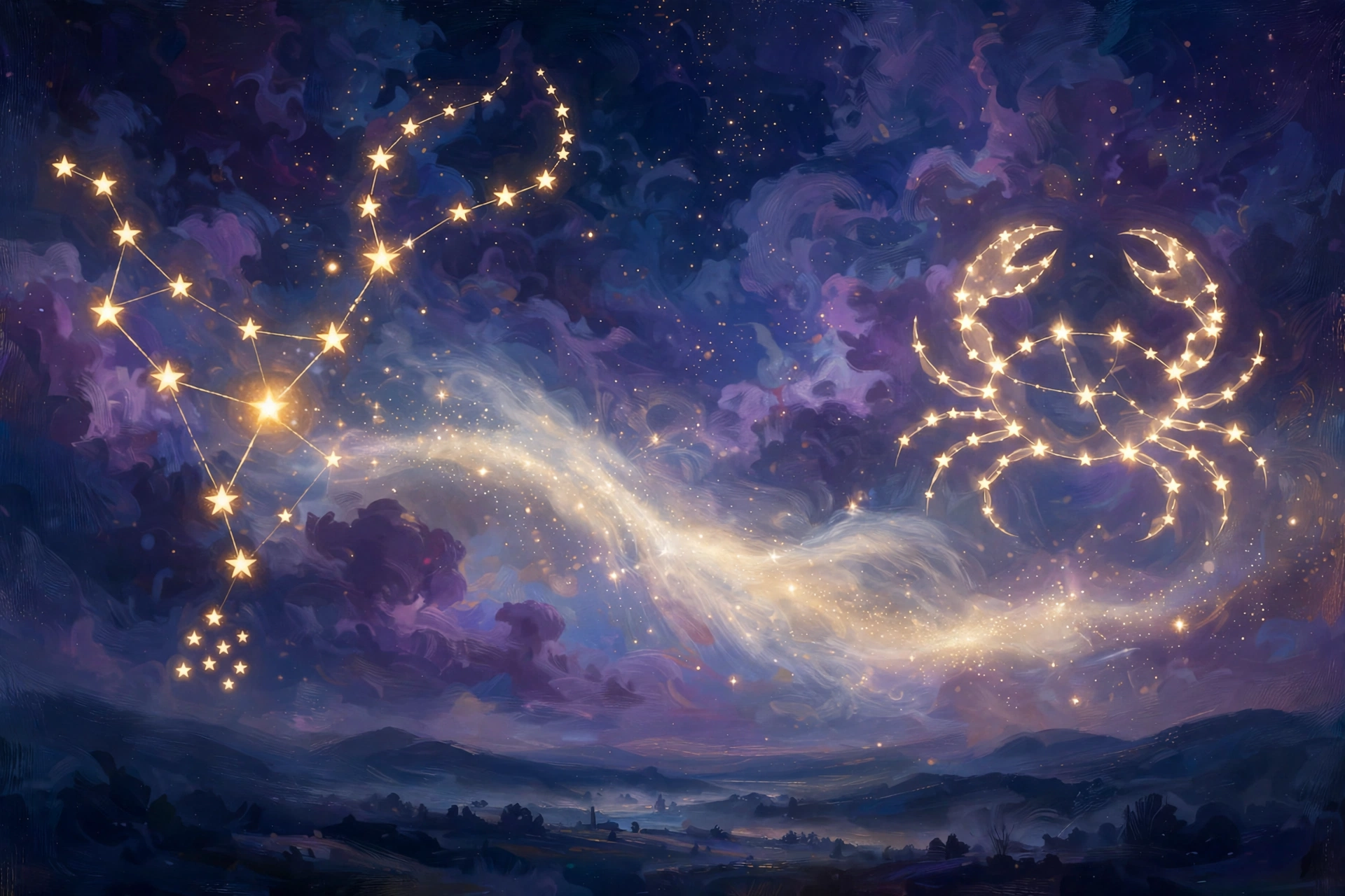 Taurus and Cancer constellations glowing gold in a deep navy night sky, joined by a soft trail of light.