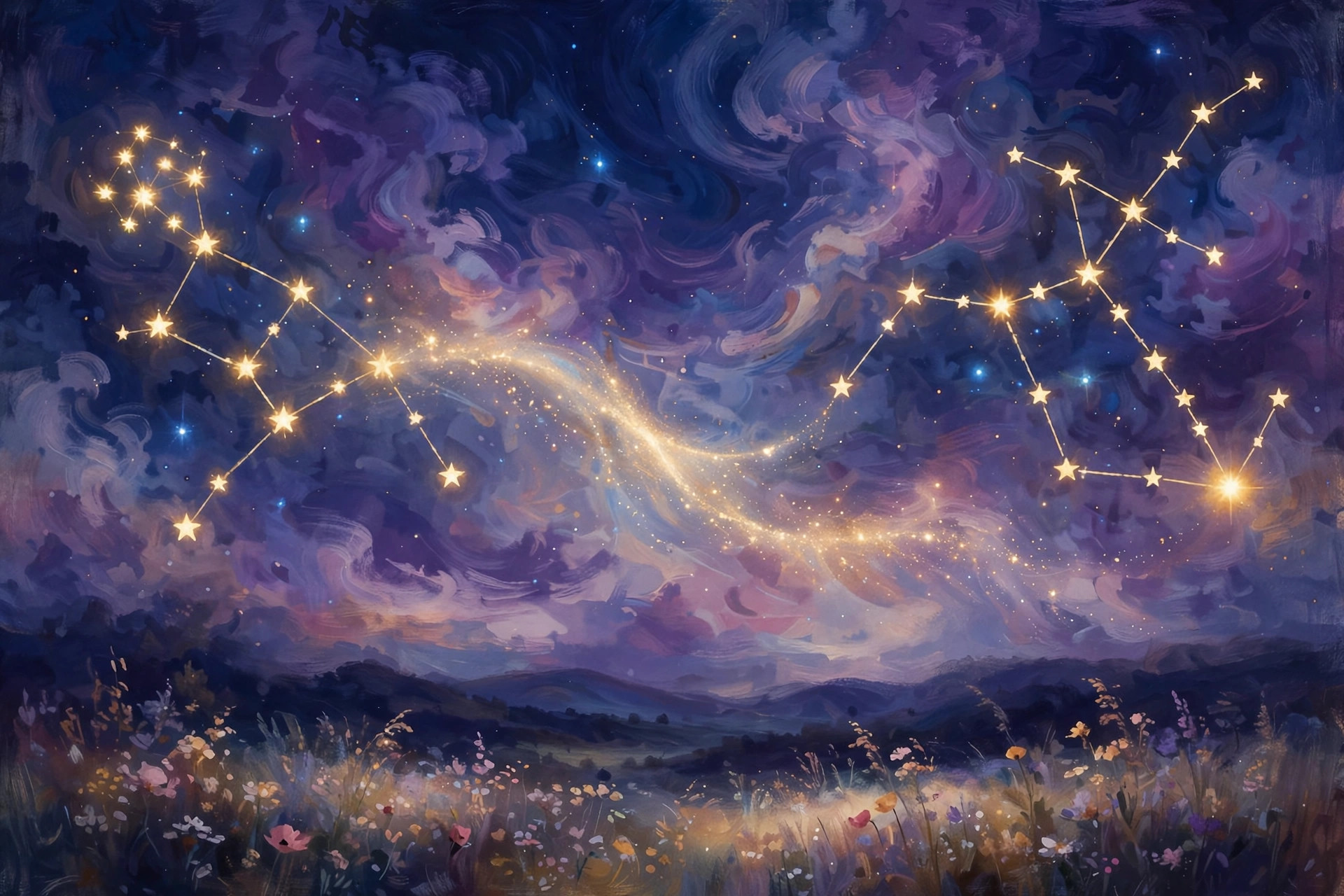 The Virgo and Taurus constellations glowing in gold in a deep navy night sky, linked by a soft trail of light.