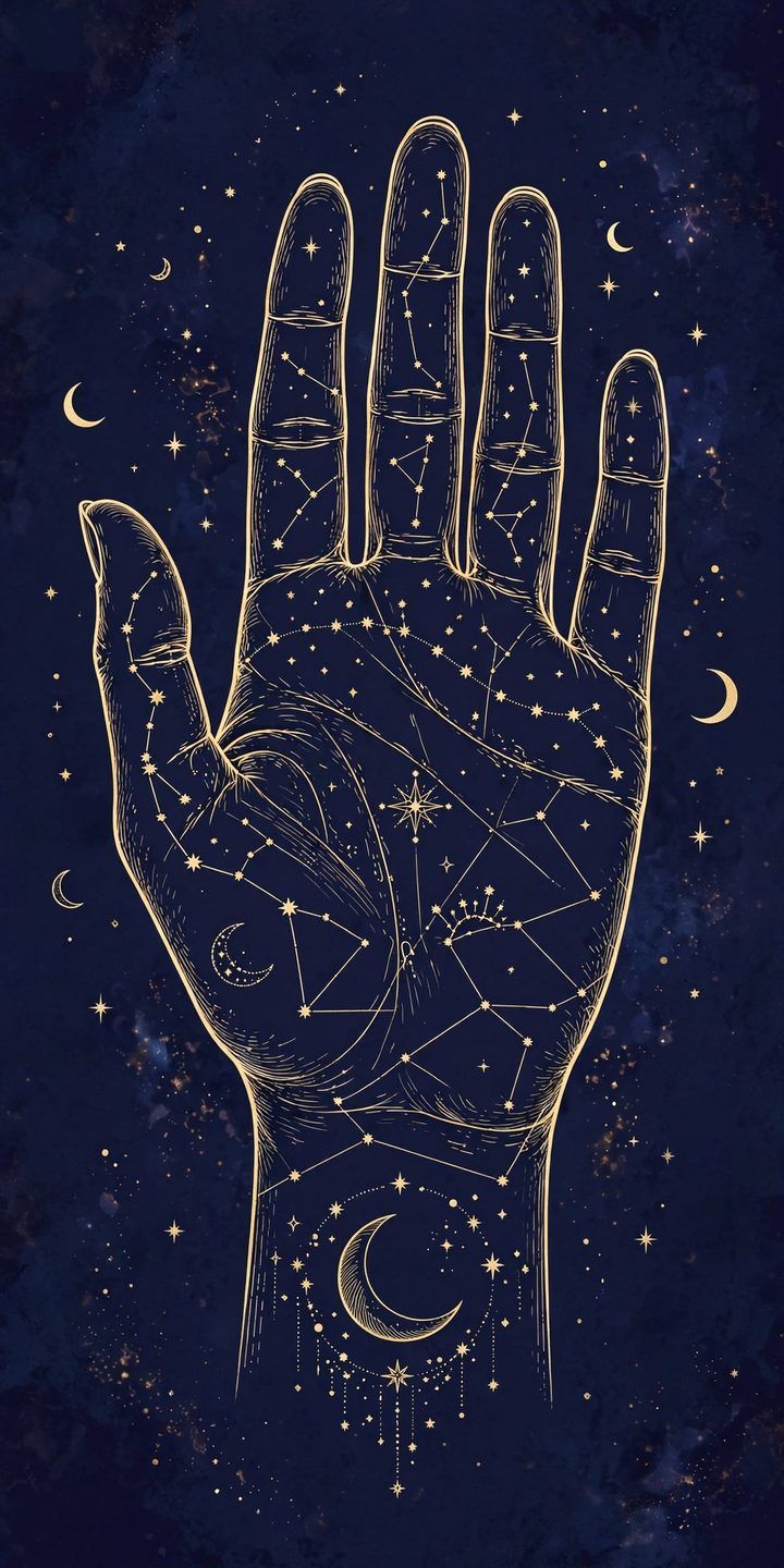 Golden palm illustration with the major palm lines on a deep indigo background