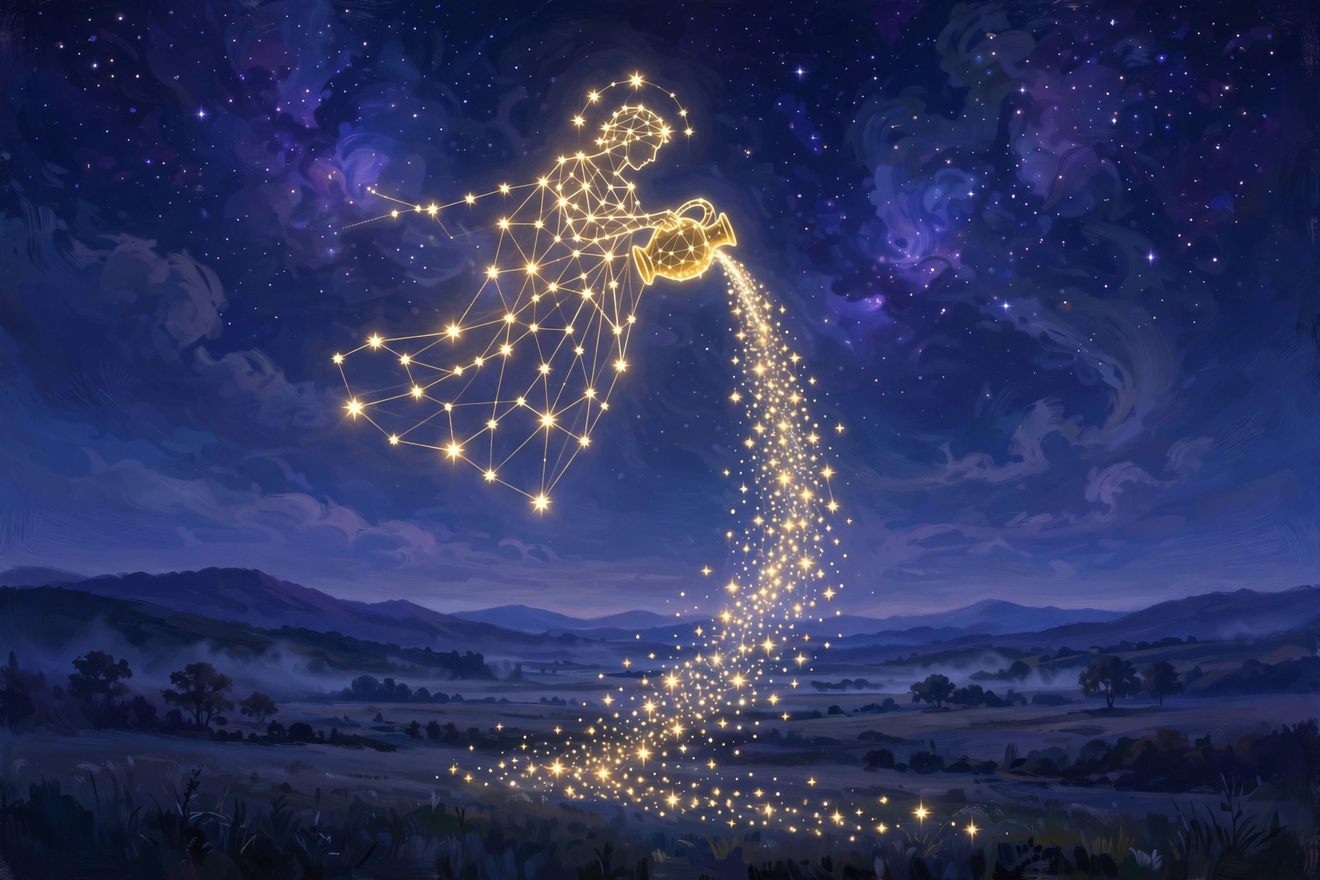 The Aquarius Water Bearer under a bright winter night sky — Aquarius dates, January 20 to February 18.