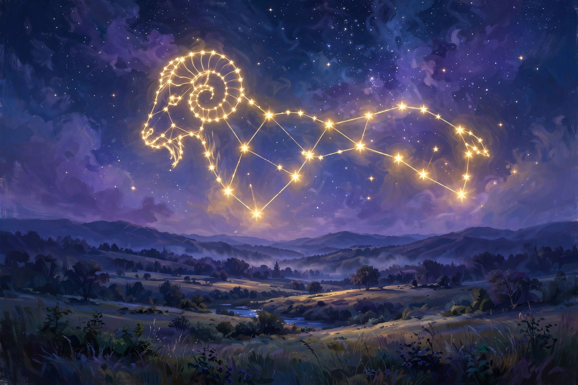 Aries dates hero image with the Ram symbol and spring stars