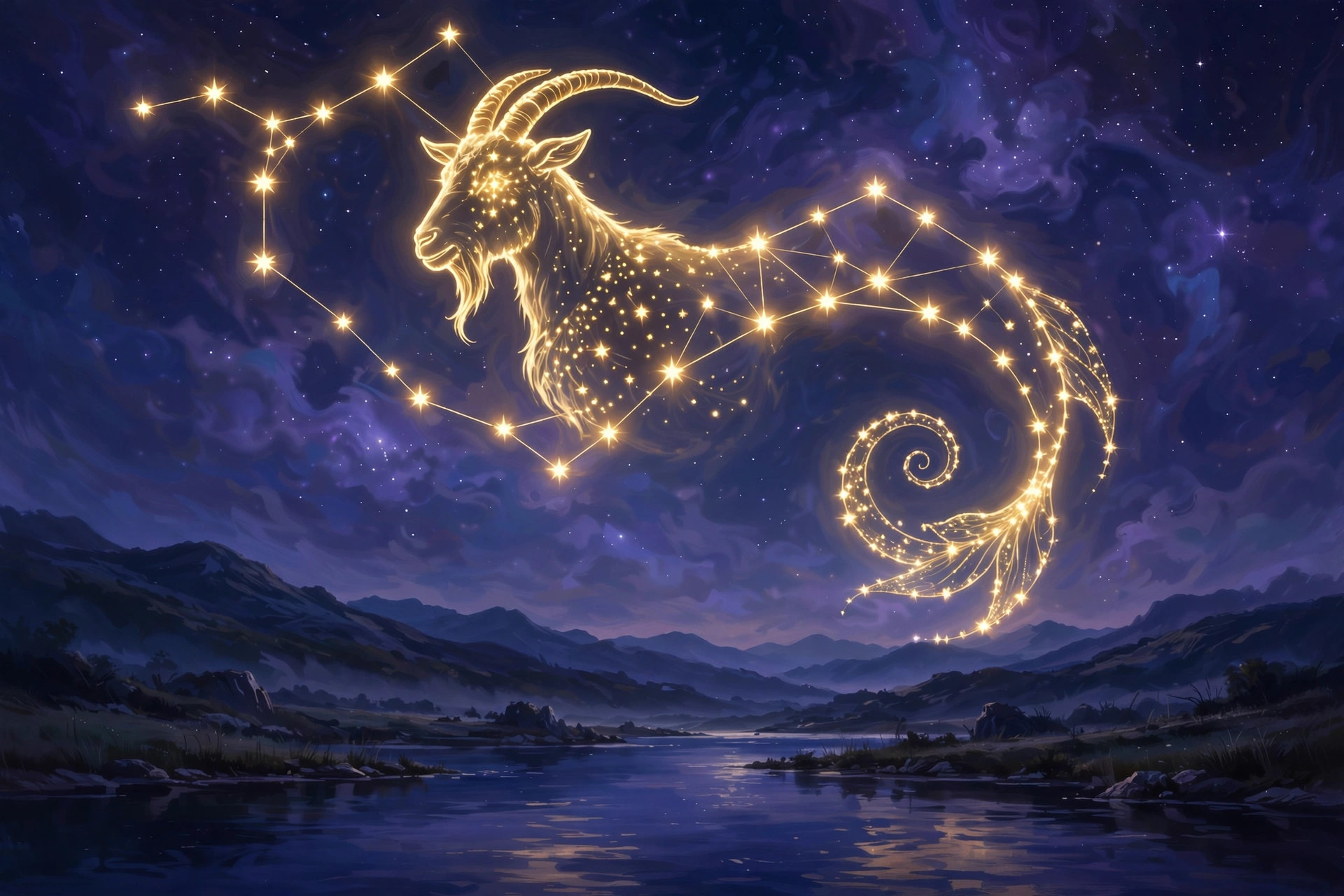 The Capricorn Sea-Goat under a winter night sky — Capricorn dates, December 22 to January 19.