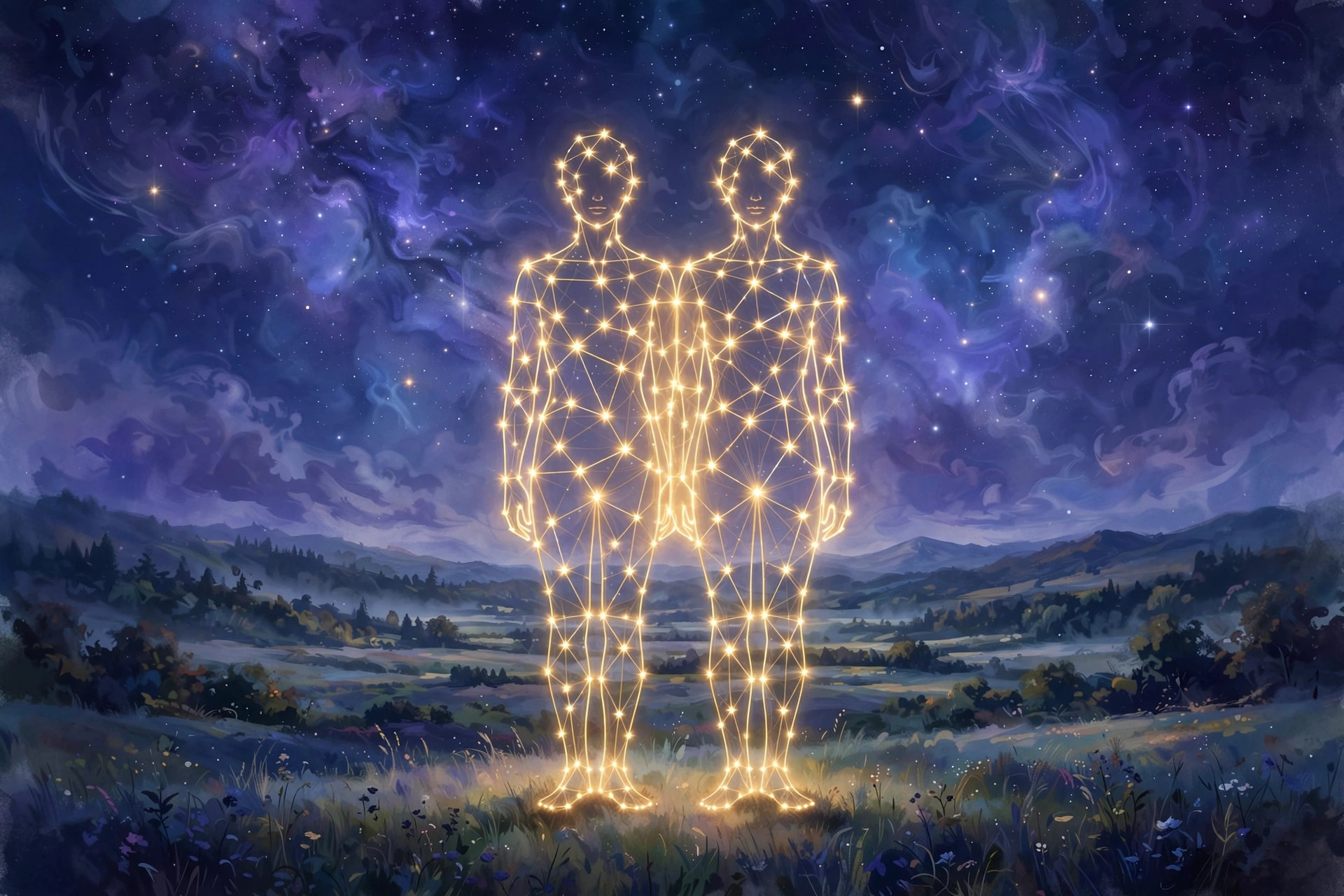 Gemini dates hero image with the Twins symbol and late spring sky