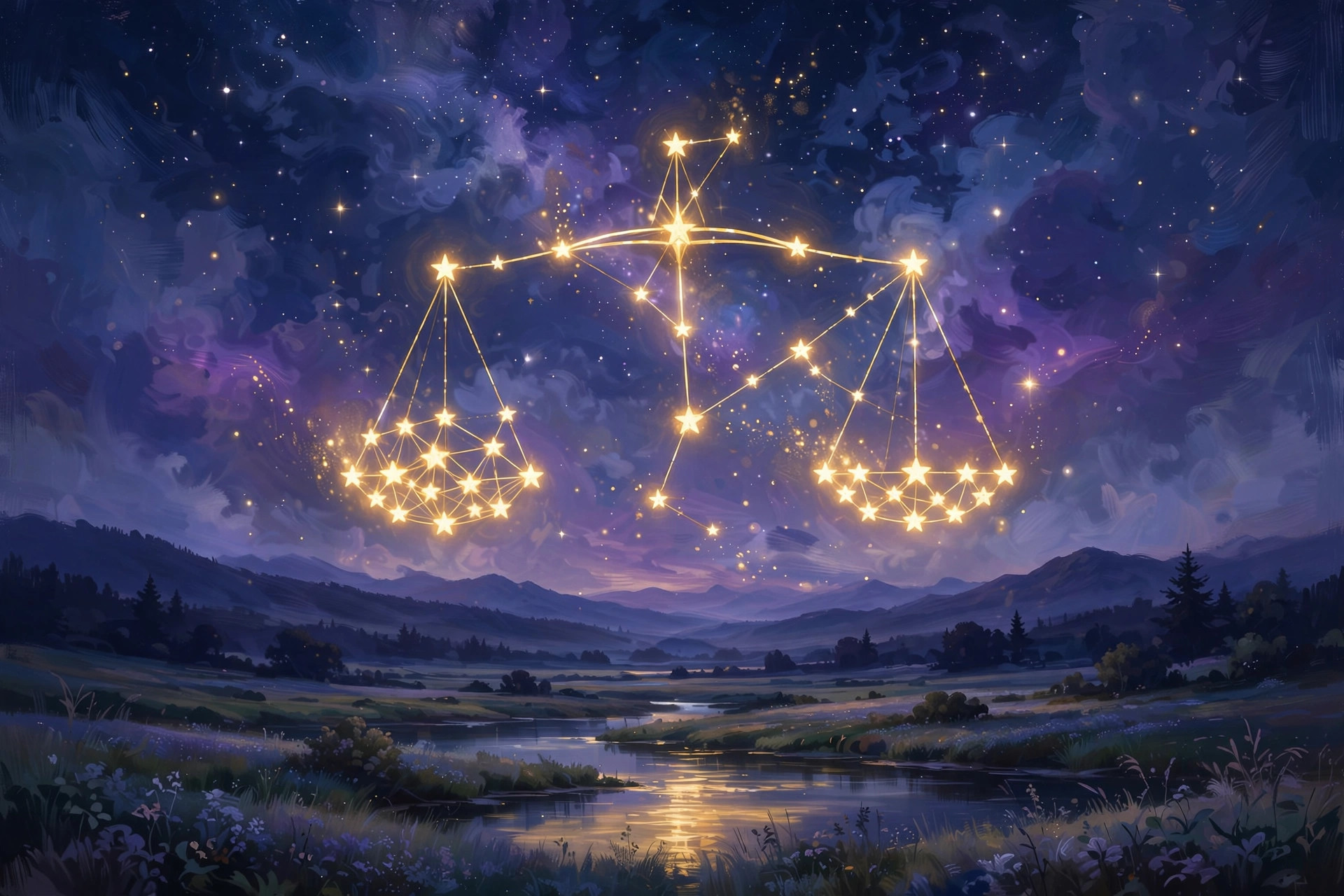 Libra scales under a calm fall sky