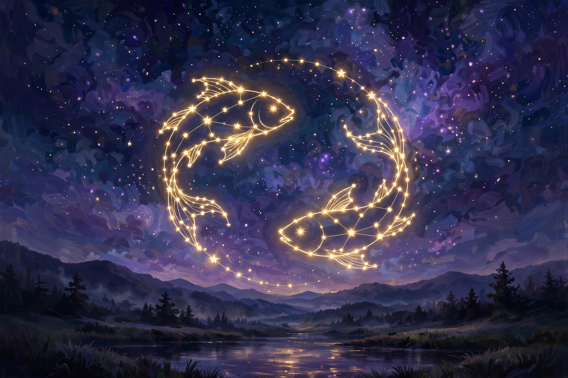 Two Pisces fish under a gentle night sky — Pisces dates, February 19 to March 20.