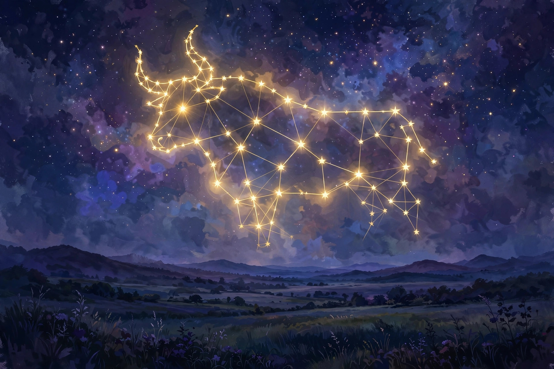 Taurus dates hero image with the Bull symbol and spring fields