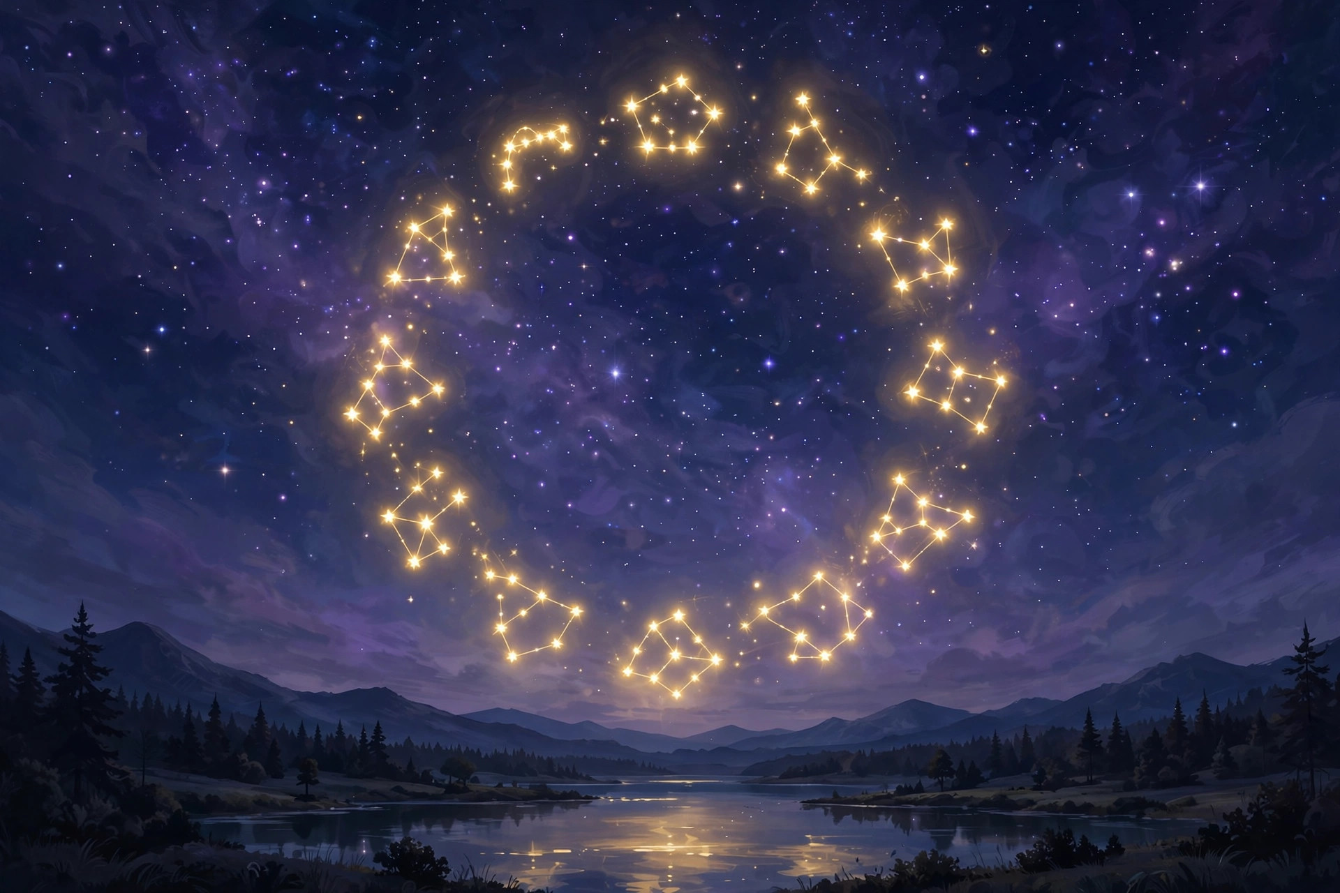 All 12 zodiac signs in a ring under a night sky — zodiac dates for every sign.